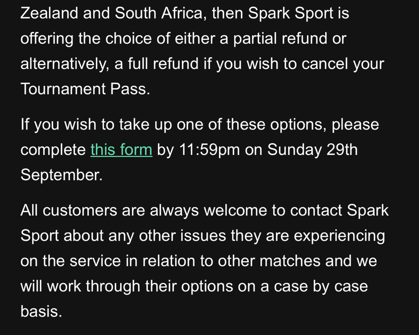 Recent comms from Spark Sport